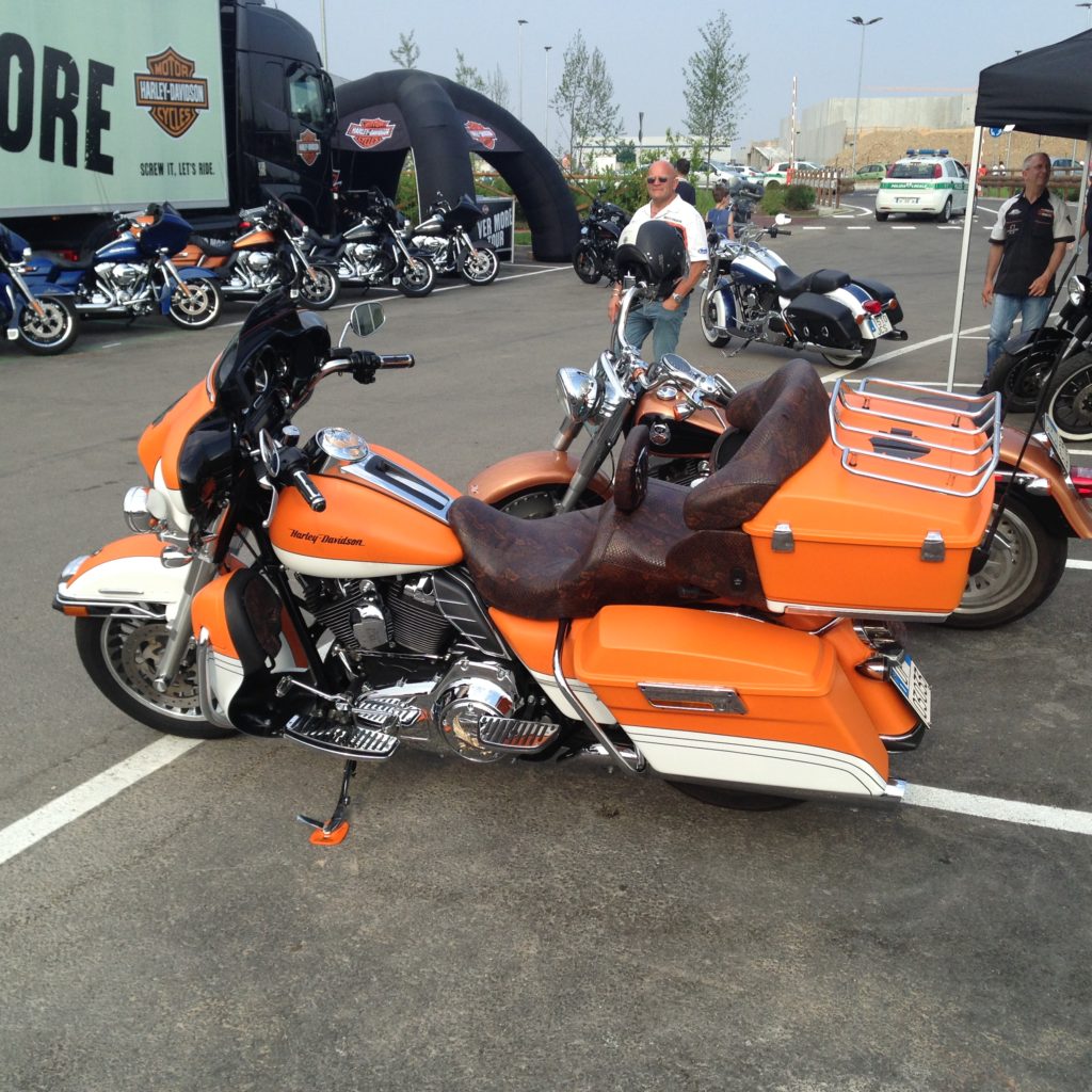 Una delle splendide Harley Davidson presenti ad Arese, nel rinnovato circuito di collaudo Alfa Romeo, durante la tappa del tour Velocità e Lentezza